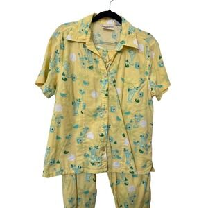Y2K Sunbay Cottons Petite Pajama Set Yellow Tropical Cocktail Print Cotton Rayon